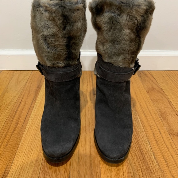 Stuart Weitzman Furstup Slate Grey suede Booties 9 Faux fur pull in buckle Heel - Picture 9 of 16